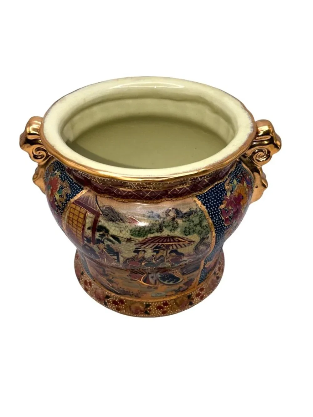 Vintage Royal Satsuma Moriage Cachepot Planter Jardiniere Lion Handles